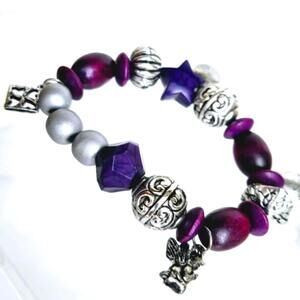 Cherub Angel Shell Charm Star Beaded Purple Silver Tone Stretch Bracelet